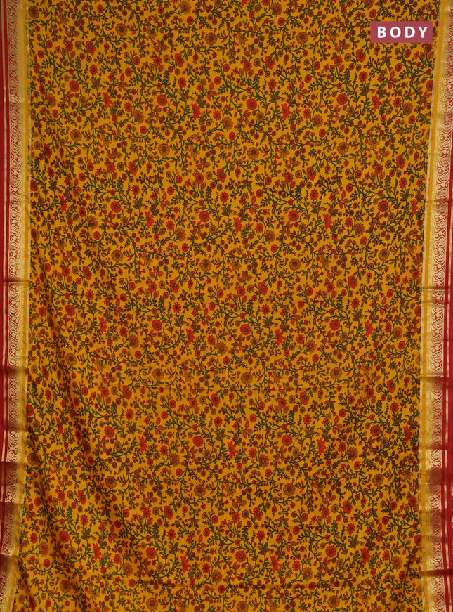 Semi mysore silk saree mango yellow and red with allover prints and zari woven border