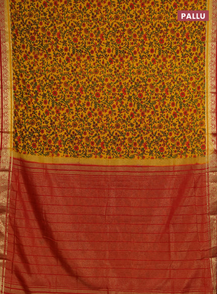 Semi mysore silk saree mango yellow and red with allover prints and zari woven border