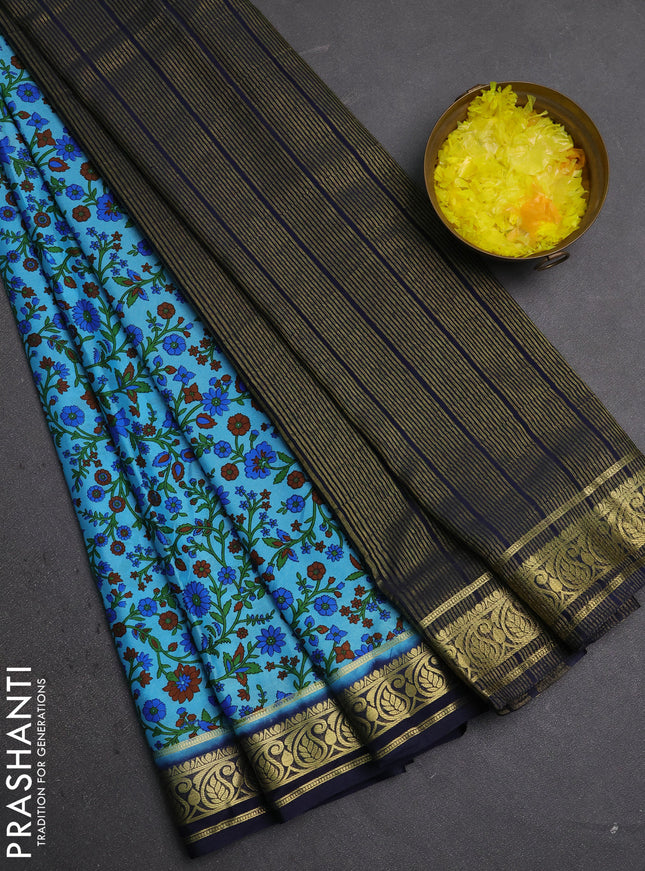 Semi mysore silk saree teal blue and navy blue with allover prints and zari woven border