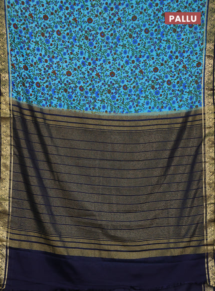 Semi mysore silk saree teal blue and navy blue with allover prints and zari woven border