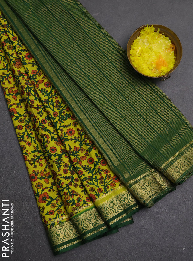 Semi mysore silk saree lime green and green with allover prints and zari woven border