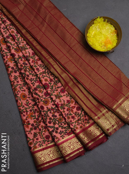 Semi mysore silk saree peach pink with allover prints and zari woven border