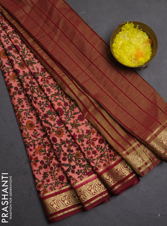 Semi mysore silk saree peach pink with allover prints and zari woven border
