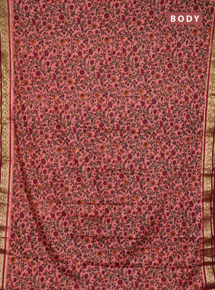 Semi mysore silk saree peach pink with allover prints and zari woven border