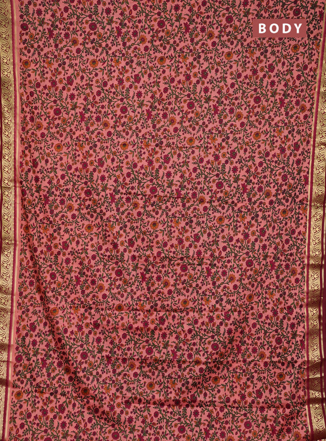 Semi mysore silk saree peach pink with allover prints and zari woven border
