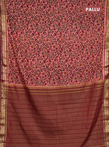 Semi mysore silk saree peach pink with allover prints and zari woven border