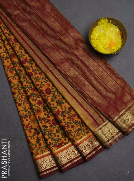 Semi mysore silk saree dark sandal and deep maroon with allover prints and zari woven border