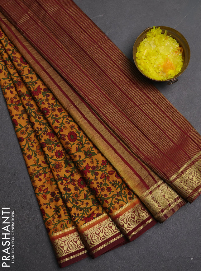 Semi mysore silk saree dark sandal and deep maroon with allover prints and zari woven border