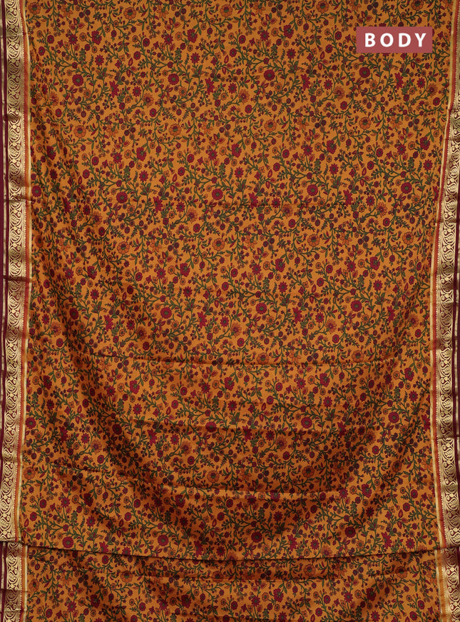Semi mysore silk saree dark sandal and deep maroon with allover prints and zari woven border
