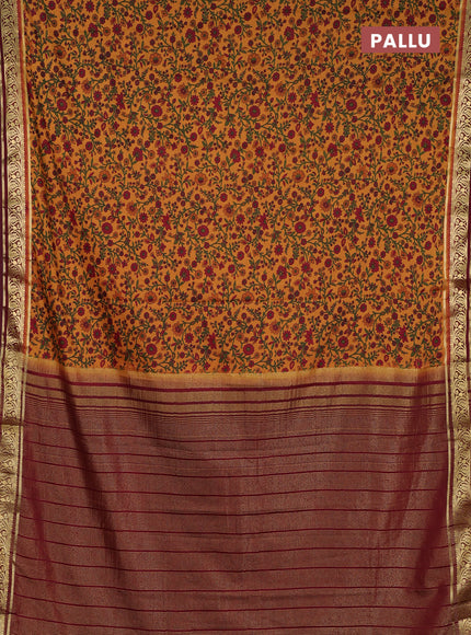 Semi mysore silk saree dark sandal and deep maroon with allover prints and zari woven border