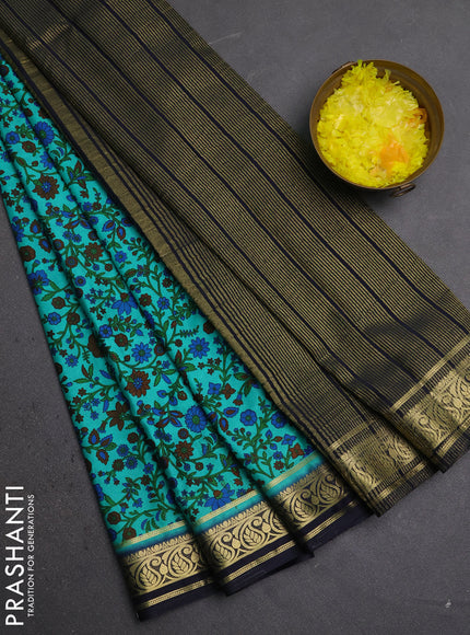 Semi mysore silk saree teal green and navy blue with allover prints and zari woven border