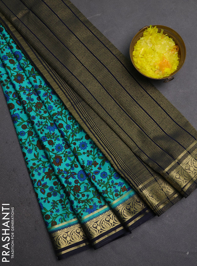 Semi mysore silk saree teal green and navy blue with allover prints and zari woven border