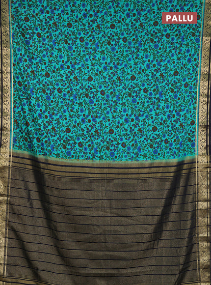 Semi mysore silk saree teal green and navy blue with allover prints and zari woven border