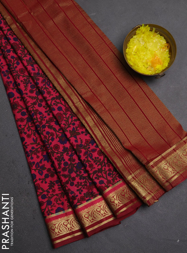 Semi mysore silk saree peach pink and maroon with allover prints and zari woven border