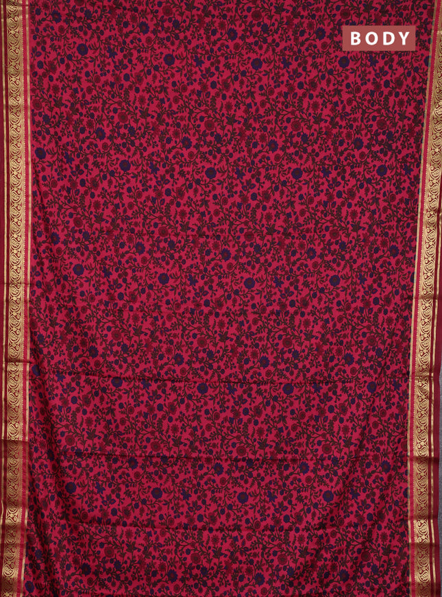 Semi mysore silk saree peach pink and maroon with allover prints and zari woven border