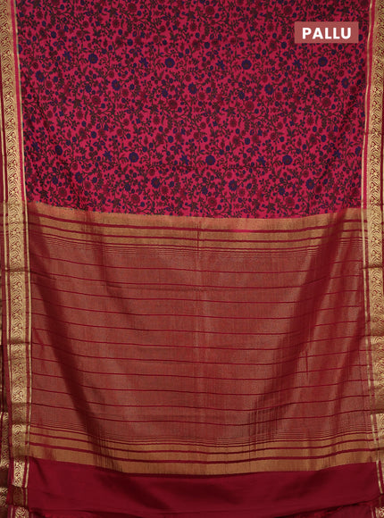 Semi mysore silk saree peach pink and maroon with allover prints and zari woven border