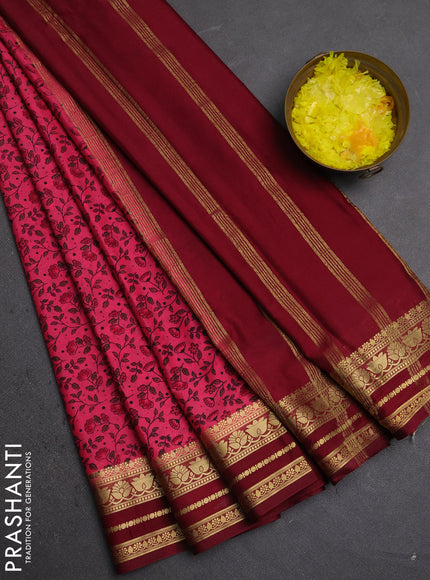 Semi mysore silk saree peach pink and deep maroon with allover prints and zari woven border