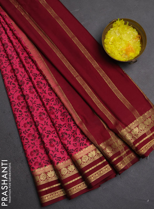 Semi mysore silk saree peach pink and deep maroon with allover prints and zari woven border