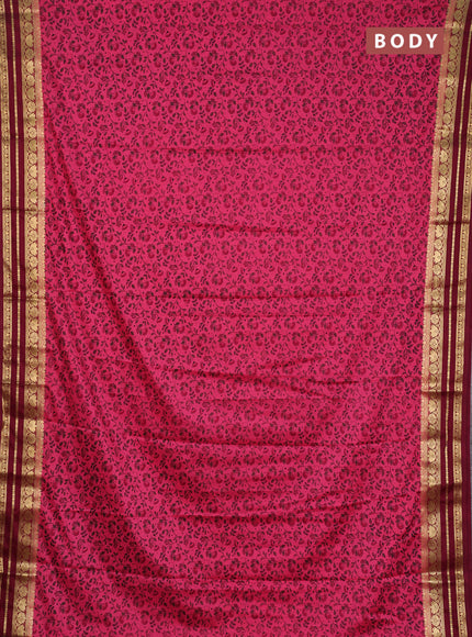 Semi mysore silk saree peach pink and deep maroon with allover prints and zari woven border