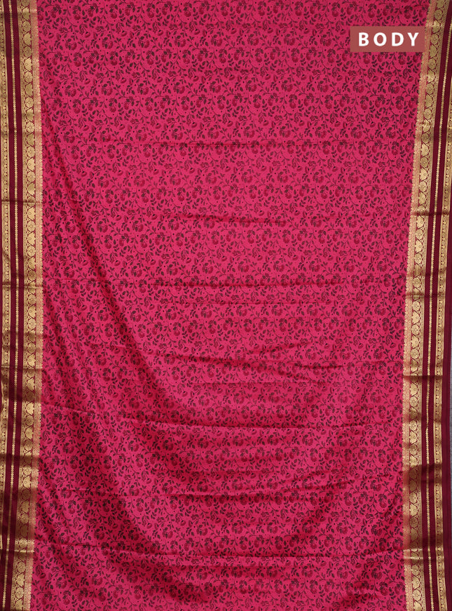 Semi mysore silk saree peach pink and deep maroon with allover prints and zari woven border