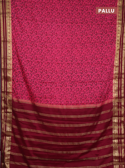Semi mysore silk saree peach pink and deep maroon with allover prints and zari woven border