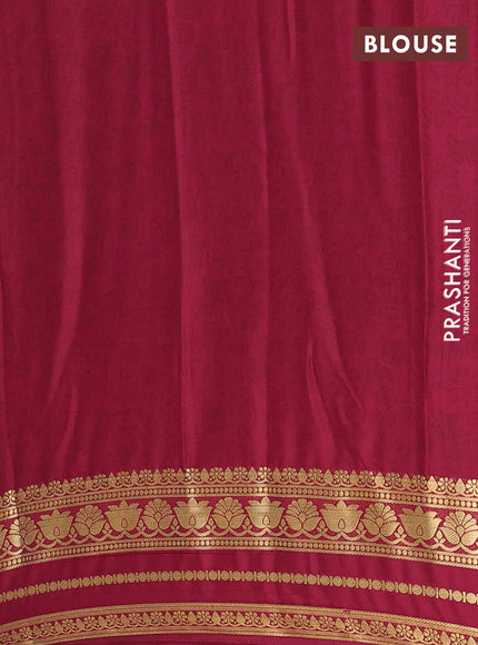 Semi mysore silk saree peach pink and deep maroon with allover prints and zari woven border