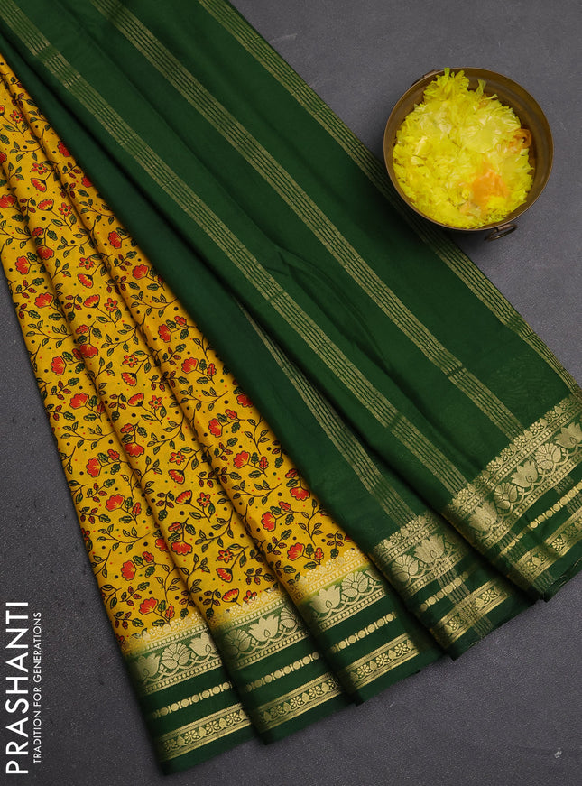 Semi mysore silk saree yellow and green with allover prints and zari woven border