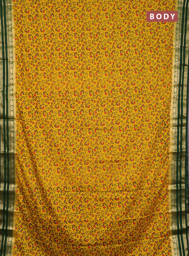 Semi mysore silk saree yellow and green with allover prints and zari woven border