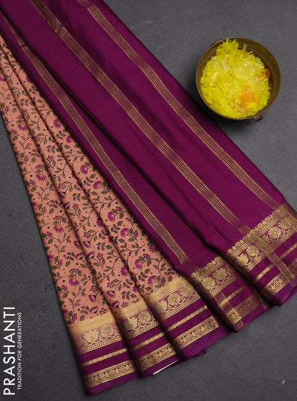 Semi mysore silk saree peach shade and purple with allover prints and zari woven border
