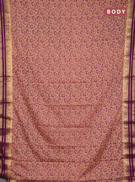 Semi mysore silk saree peach shade and purple with allover prints and zari woven border