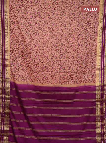 Semi mysore silk saree peach shade and purple with allover prints and zari woven border