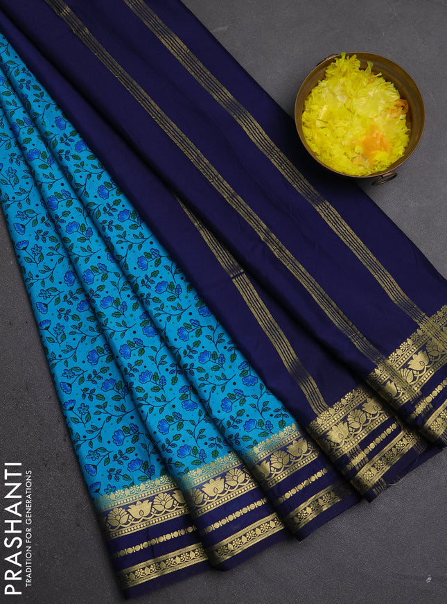 Semi mysore silk saree teal blue and navy blue with allover prints and zari woven border