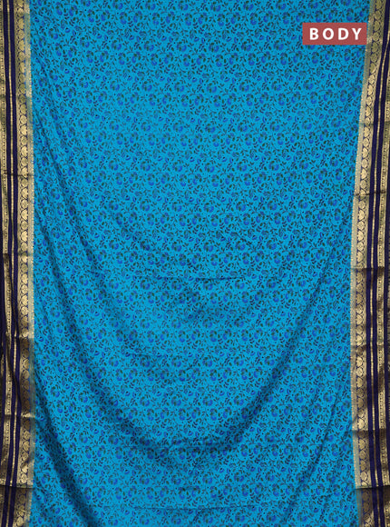 Semi mysore silk saree teal blue and navy blue with allover prints and zari woven border