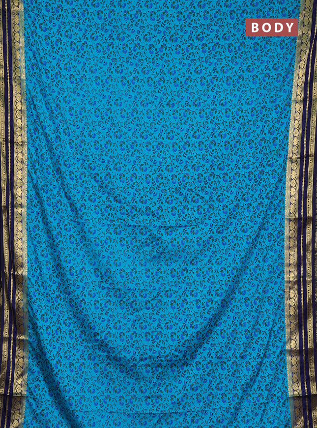 Semi mysore silk saree teal blue and navy blue with allover prints and zari woven border