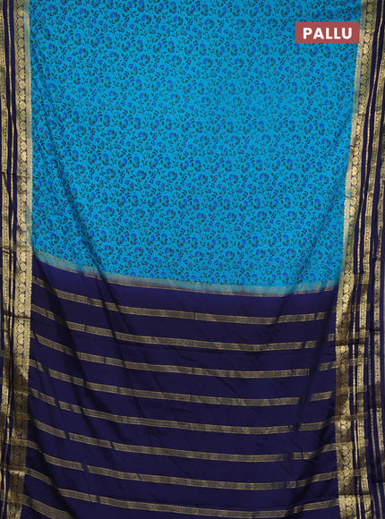 Semi mysore silk saree teal blue and navy blue with allover prints and zari woven border