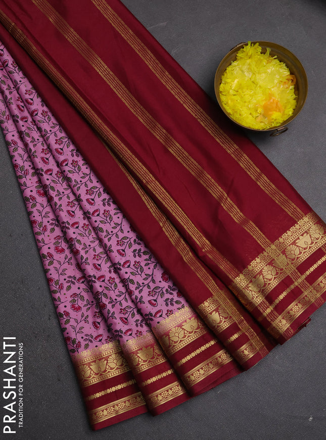 Semi mysore silk saree pastel purple and maroon with allover prints and zari woven border
