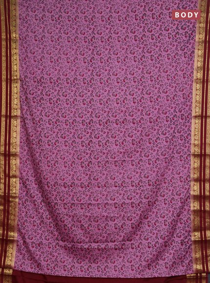 Semi mysore silk saree pastel purple and maroon with allover prints and zari woven border