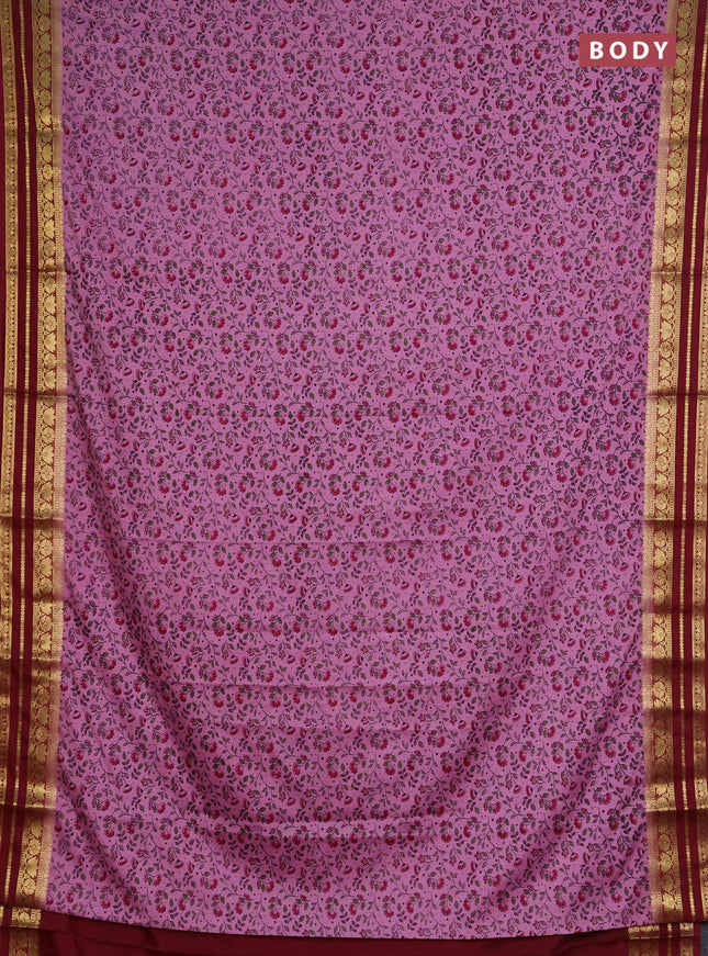 Semi mysore silk saree pastel purple and maroon with allover prints and zari woven border