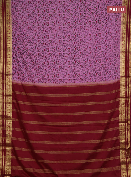 Semi mysore silk saree pastel purple and maroon with allover prints and zari woven border