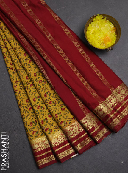 Semi mysore silk saree mustard yellow and maroon with allover prints and zari woven border