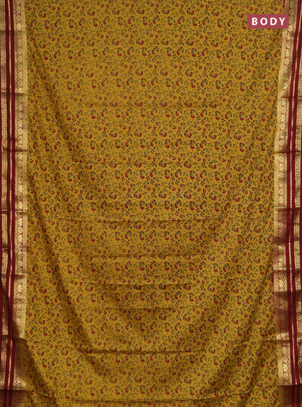 Semi mysore silk saree mustard yellow and maroon with allover prints and zari woven border