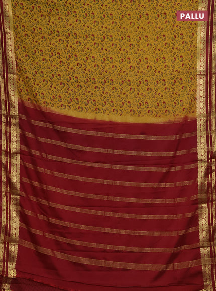 Semi mysore silk saree mustard yellow and maroon with allover prints and zari woven border