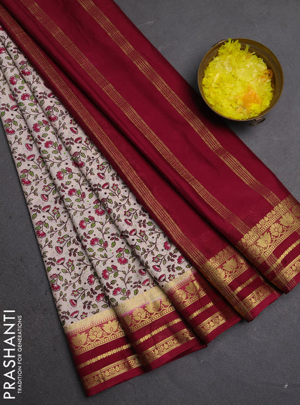 Semi mysore silk saree cream and wine shade with allover prints and zari woven border
