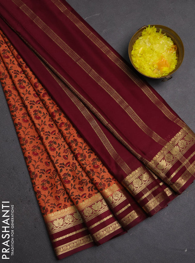 Semi mysore silk saree rust shade and deep wine with allover prints and zari woven border