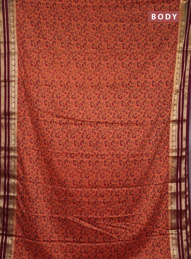 Semi mysore silk saree rust shade and deep wine with allover prints and zari woven border