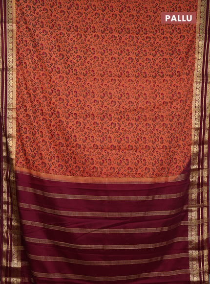 Semi mysore silk saree rust shade and deep wine with allover prints and zari woven border