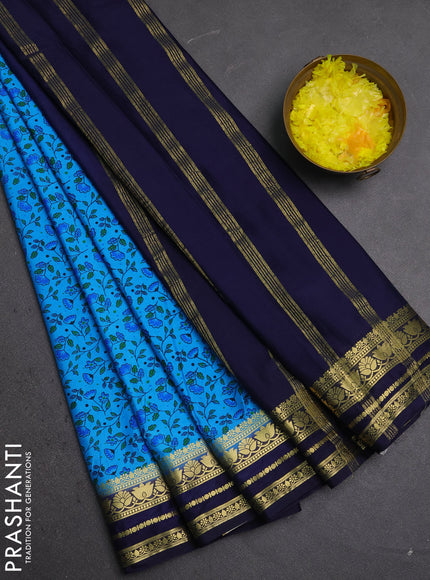 Semi mysore silk saree teal blue and navy blue with allover prints and zari woven border