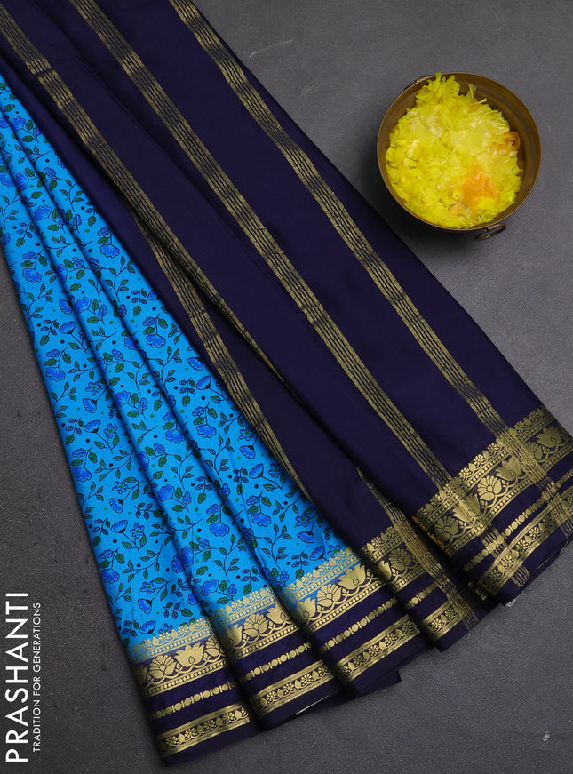 Semi mysore silk saree teal blue and navy blue with allover prints and zari woven border