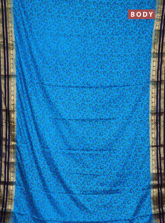Semi mysore silk saree teal blue and navy blue with allover prints and zari woven border