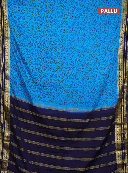 Semi mysore silk saree teal blue and navy blue with allover prints and zari woven border
